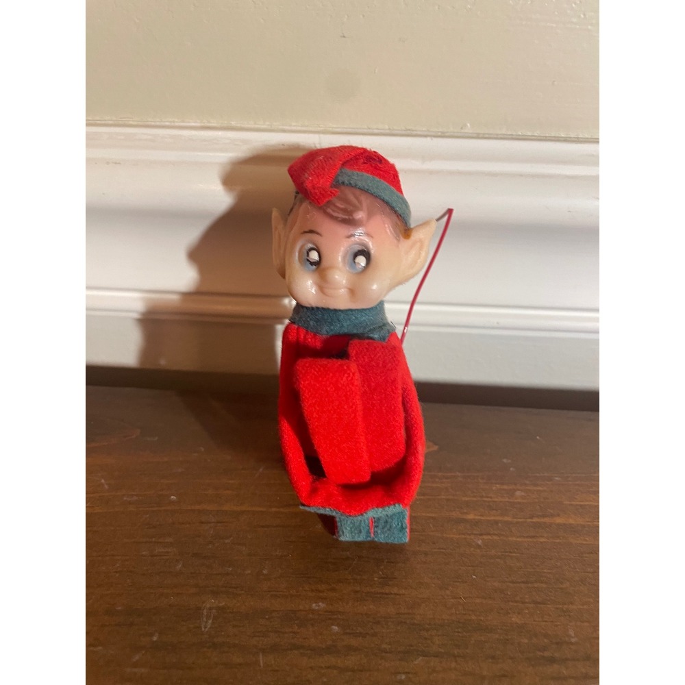 Vintage Red Felt Knee Hugger Elf Christmas Ornament Plastic Face Mid Century